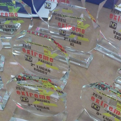 Troféus dourados e prateados com texto em cima de uma mesa