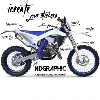 Motocross azul, branco e cinza com texto 'icrate your stickers' e 'NDGRAPHIC' num fundo branco