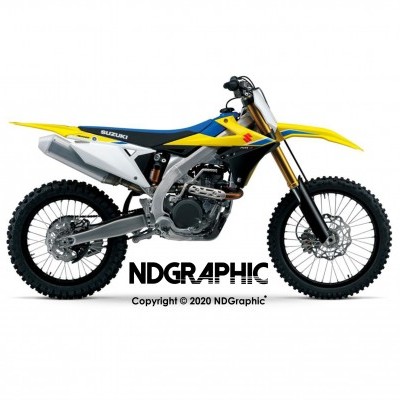 Motocross Suzuki amarela e azul sobre fundo branco