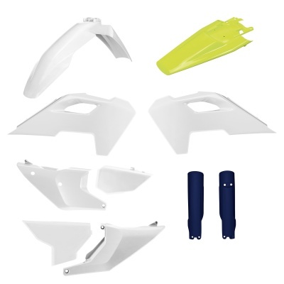 Conjunto de peças plásticas para mota em várias cores sobre fundo branco