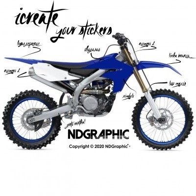 Motocross azul e branco com texto de stickers e copyright no fundo branco