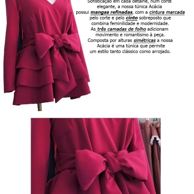 Túnica rosa escuro com mangas longas e laço duplo nas costas exposta em manequim