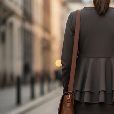Casaco cinza escuro com mala castanha de ombro numa rua urbana
