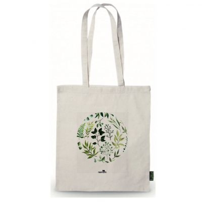 Saco de tecido cru com estampa de folhas verdes