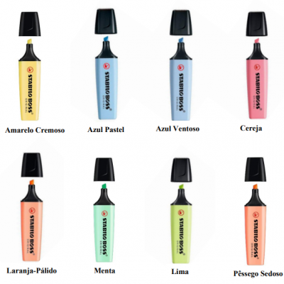 Oito marcadores Stabilo BOSS em cores pastéis com tampas pretas