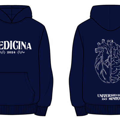 Casaco azul escuro de medicina com texto e ilustração anatómica.