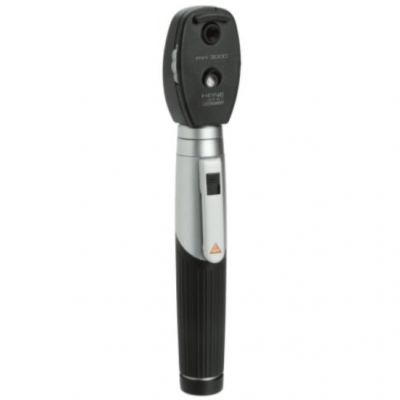 Oftalmoscópio preto e prateado com marca HEINE mini 3000