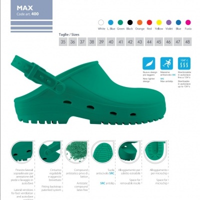 Sapato tipo clog verde-azulado com especificações técnicas e opções de cores