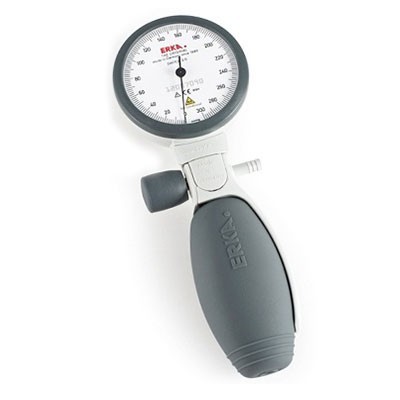 Medidor de pressão arterial analógico da ERKA com mostrador branco e bolsa cinza