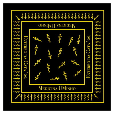 Lenço preto com padrão amarelo e textos Medicina UMinho, Enfermagem UMinho e endereço.