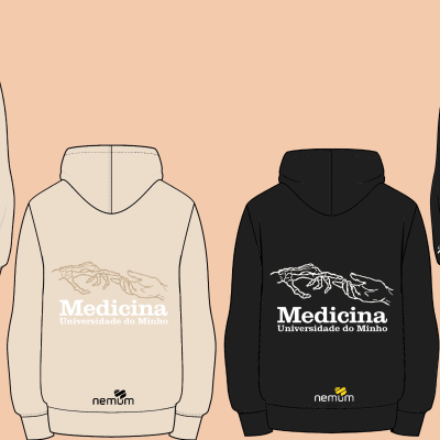 Sweatshirts bege e pretas com texto e logotipo de Medicina Universidade do Minho