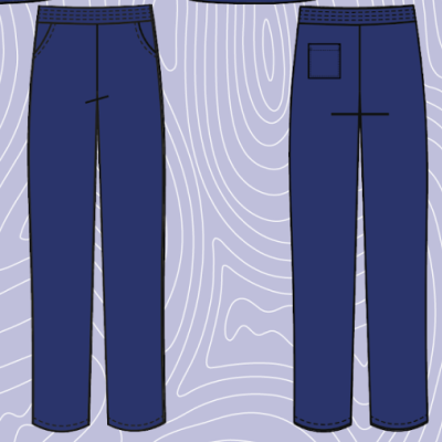 Calças azuis escuras com bolsos visíveis e fundo com padrão de linhas onduladas