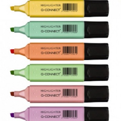 Seis marcadores de texto coloridos Q-CONNECT com tampas pretas alinhados verticalmente