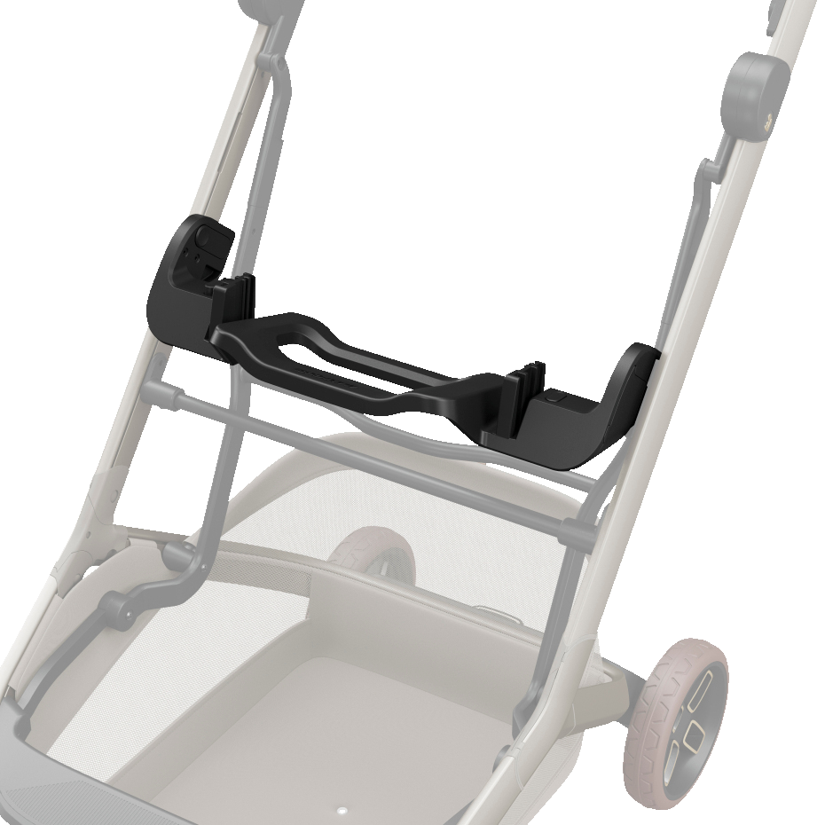 Adaptador preto plástico para carrinho de bebé com estrutura cinza e rodas rosadas