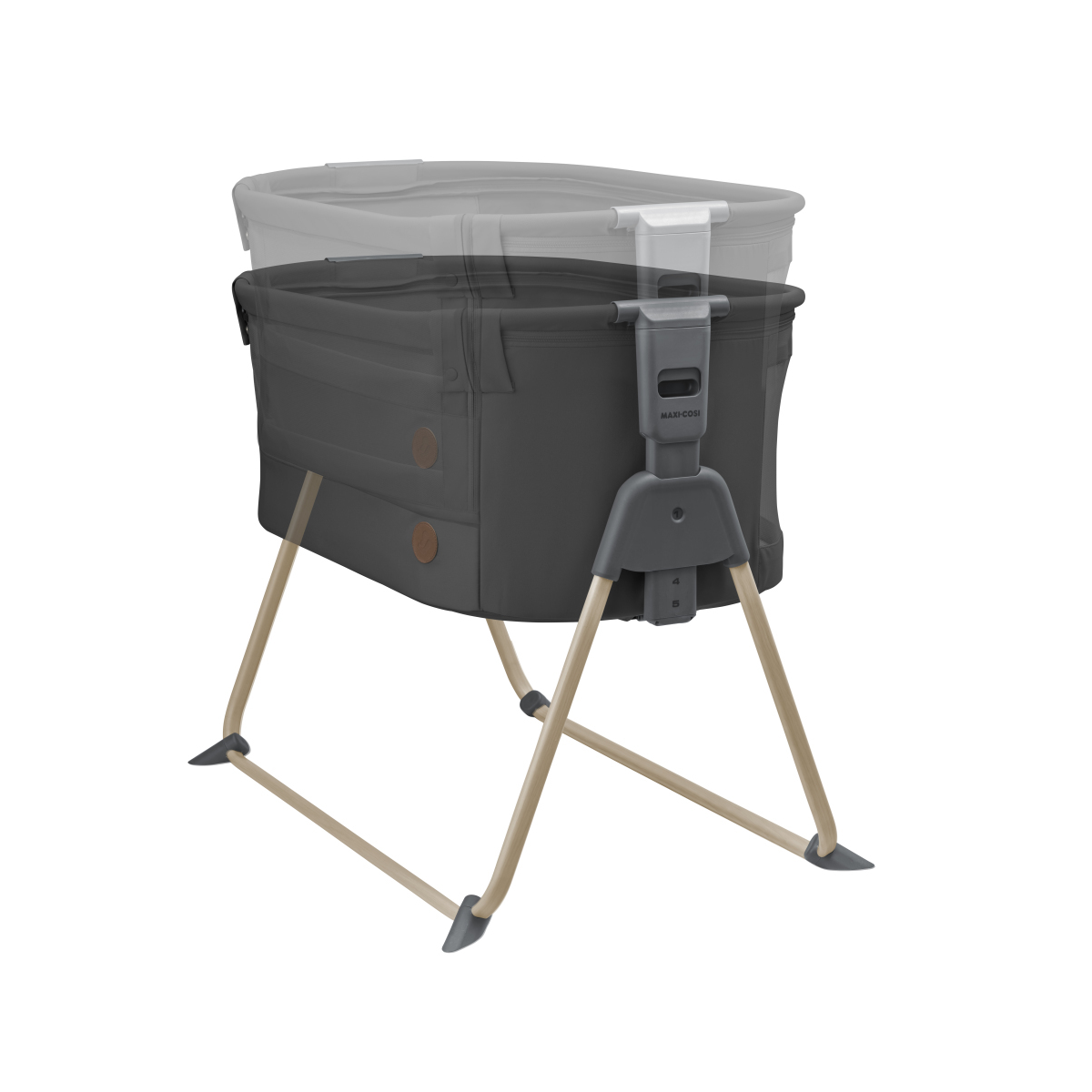 Berço portátil cinzento escuro com estrutura dourada e sistema de ajuste de altura