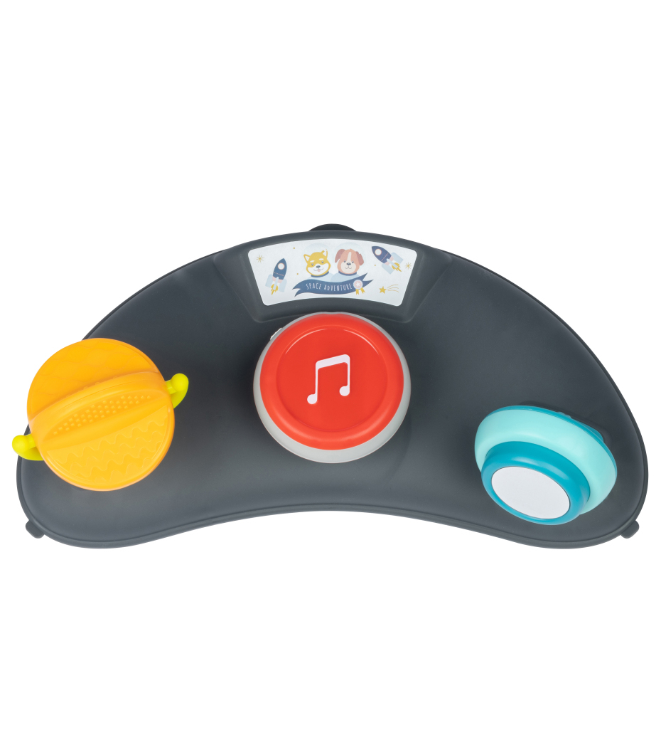 Brinquedo musical com três botões coloridos e etiqueta com cães e foguetões.