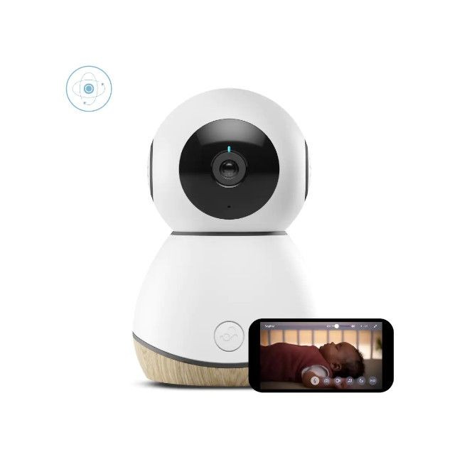 Câmara de vigilância branca com lente preta e ecrã digital mostrando bebé a dormir