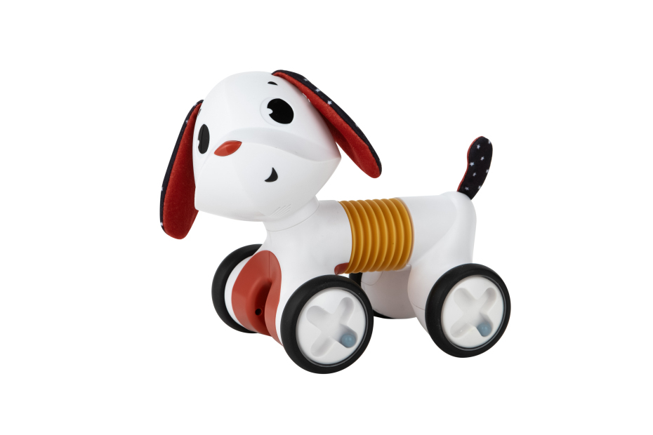 Brinquedo em forma de cão com rodas e textura de mola