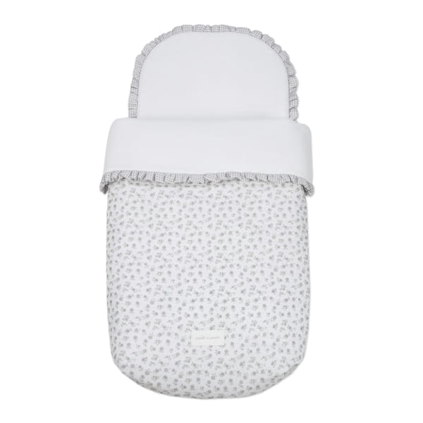 Saco de dormir para bebé branco com padrão floral cinzento e bordos franjados