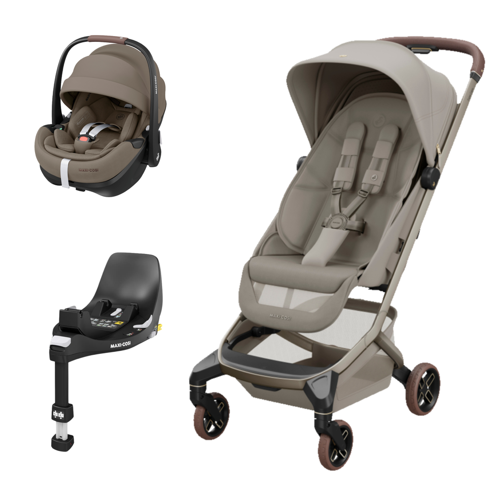 Conjunto Maxi-Cosi com cadeira auto bege, base preta e carrinho bege com rodas castanhas