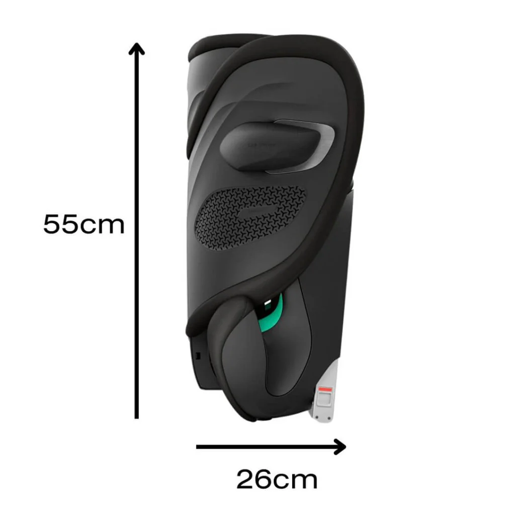 Cadeira criança automóvel preta vista lateral com medidas 55cm x 26cm