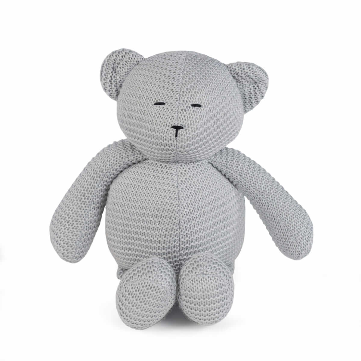 Ursinho de peluche cinzento croché com olhos pretos bordados