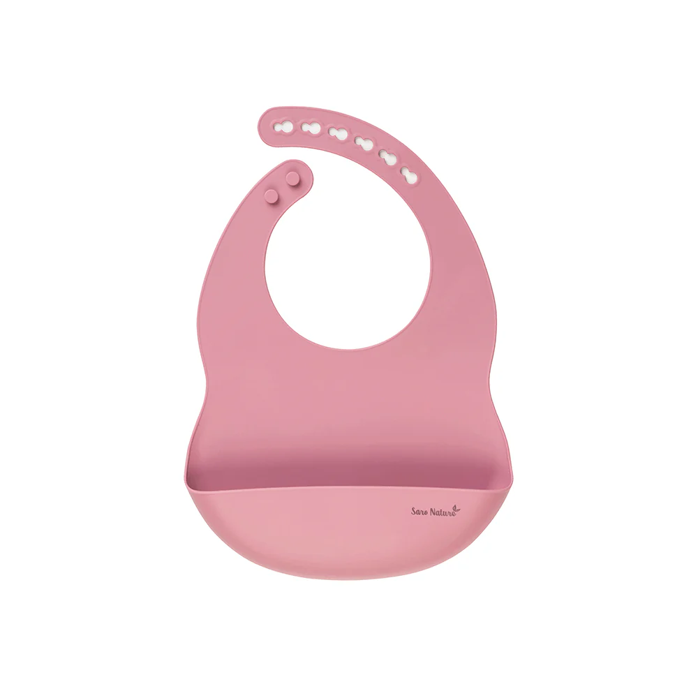 Babete de silicone cor-de-rosa com bolso frontal e fecho ajustável