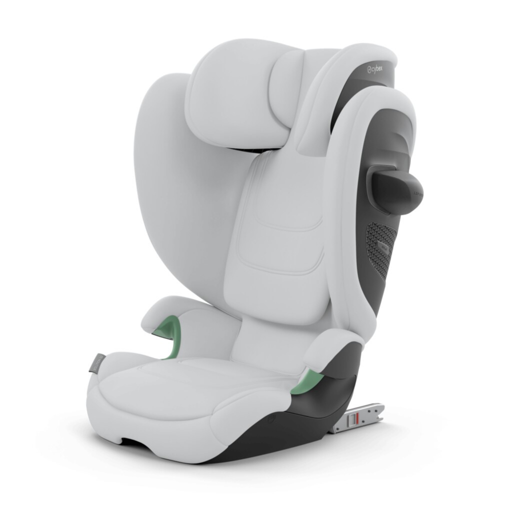 Assento elevatório de criança cinzento claro com estrutura preta e conectores ISOFIX