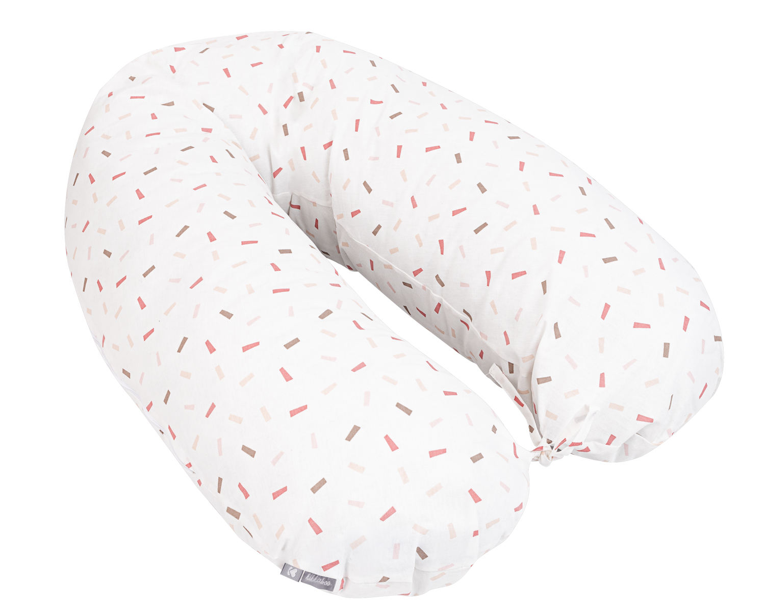Almofada de amamentação branca com padrão colorido e etiqueta cinzenta