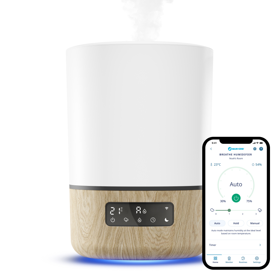humidificador branco com base de madeira e smartphone com app de controlo