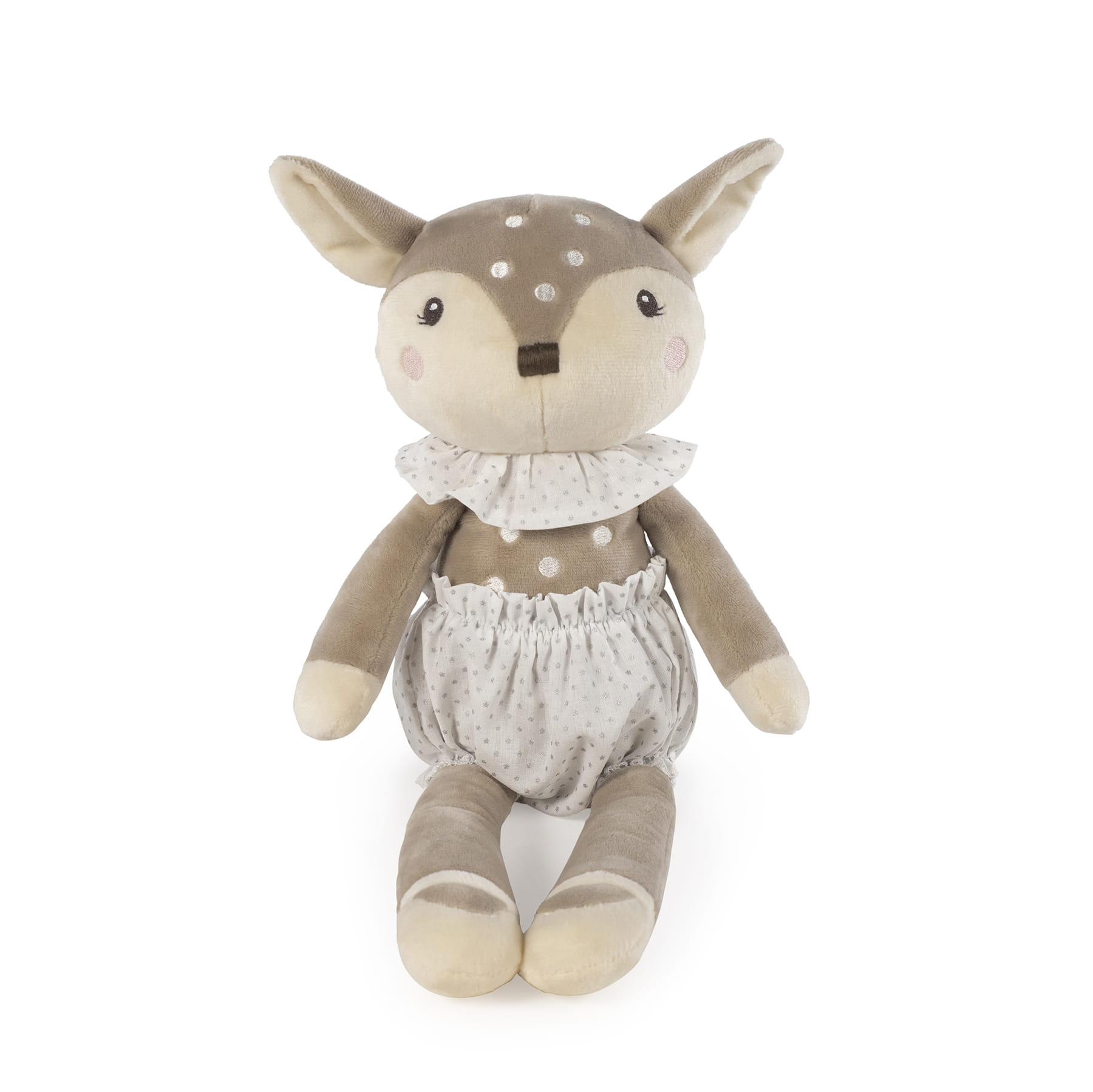 Boneco de peluche veado castanho com roupa branca e babado