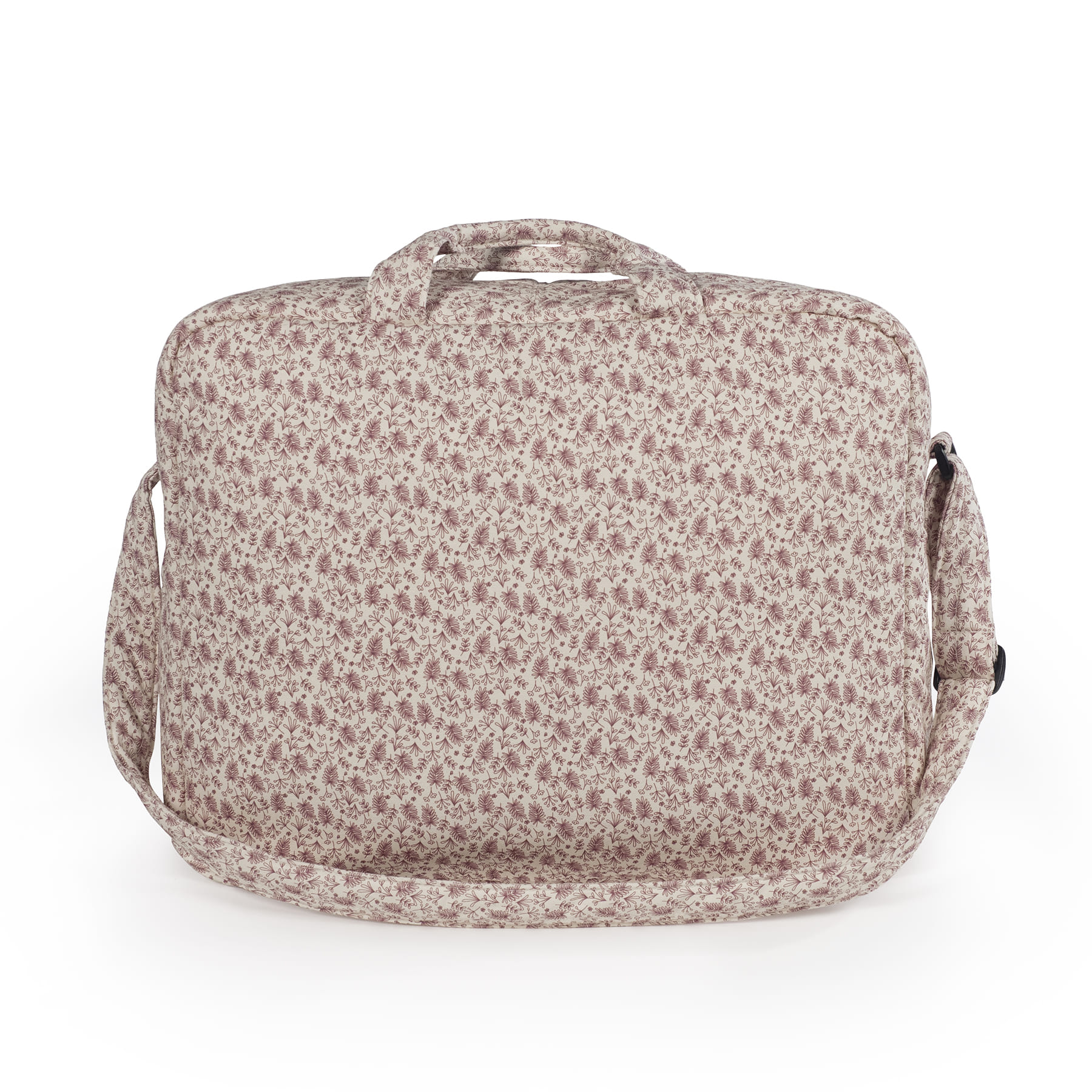 mala de tecido com padrão floral pequenos castanhos e bege com alça e pega