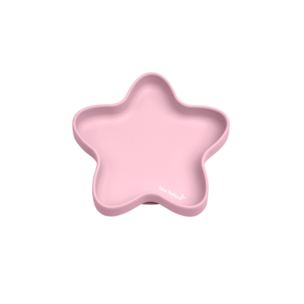Prato infantil rosa em forma de estrela com inscrição branca