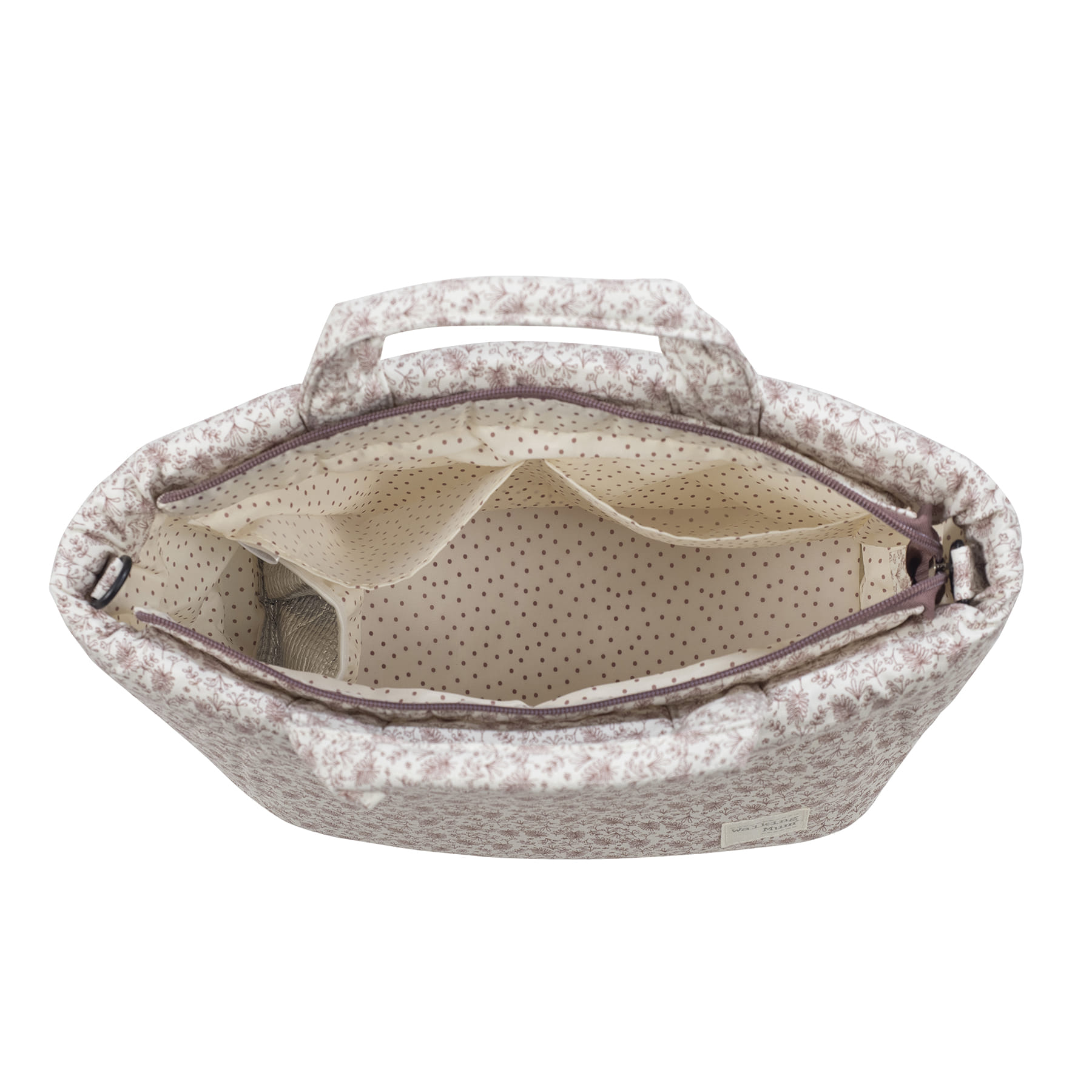 Bolsa têxtil floral com interior forrado de pontos e fecho de correr