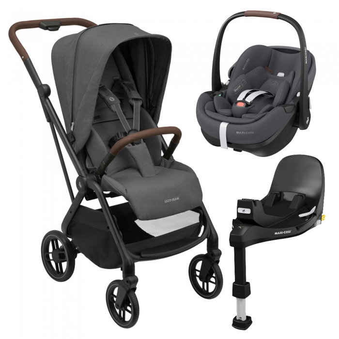 Carrinho e cadeirinha de bebé cinza escuro com base preta para carro
