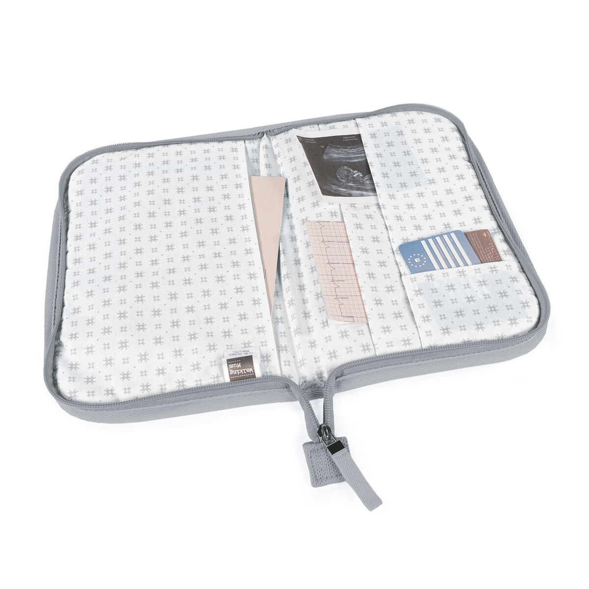 Organizador de documentos cinzento claro aberto com padrão geométrico