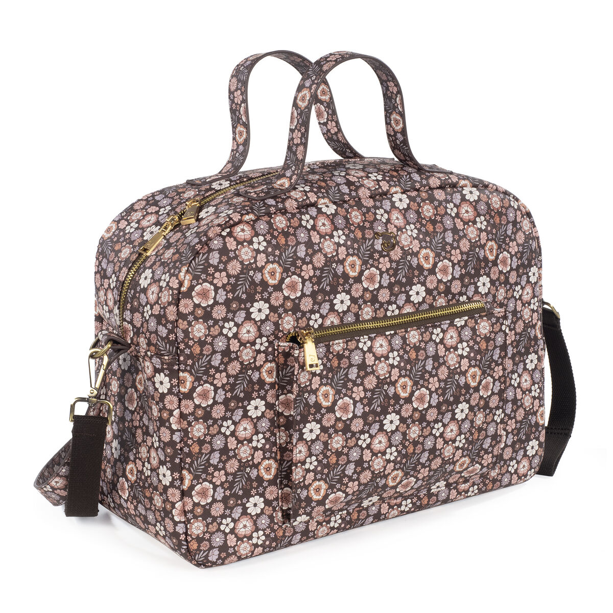 Mala de mão floral com bolso frontal e fechos dourados