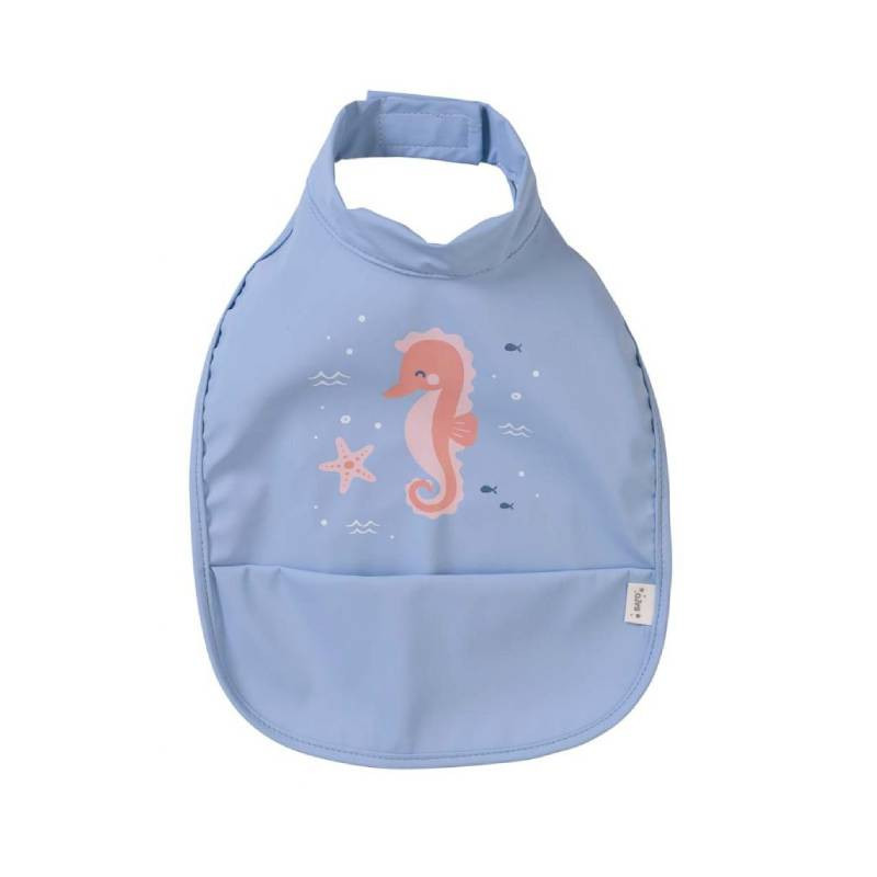 Babete azul para bebé com estampa de cavalo-marinho cor-de-rosa e estrela-do-mar
