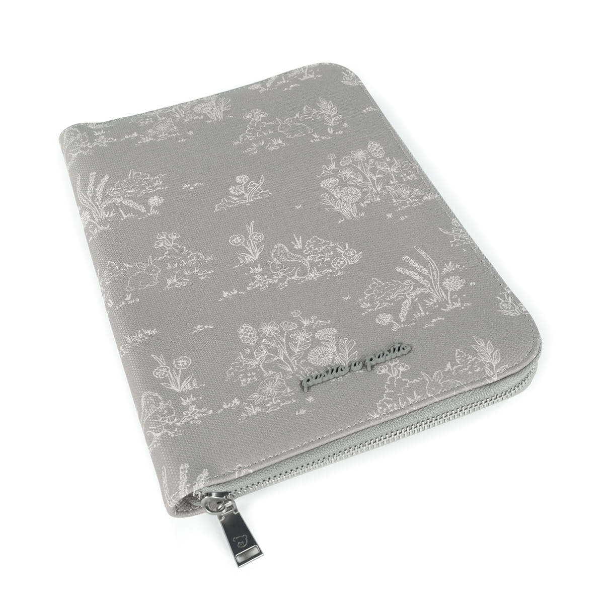 Estojo cinzento com padrão floral e fecho de correr prateado