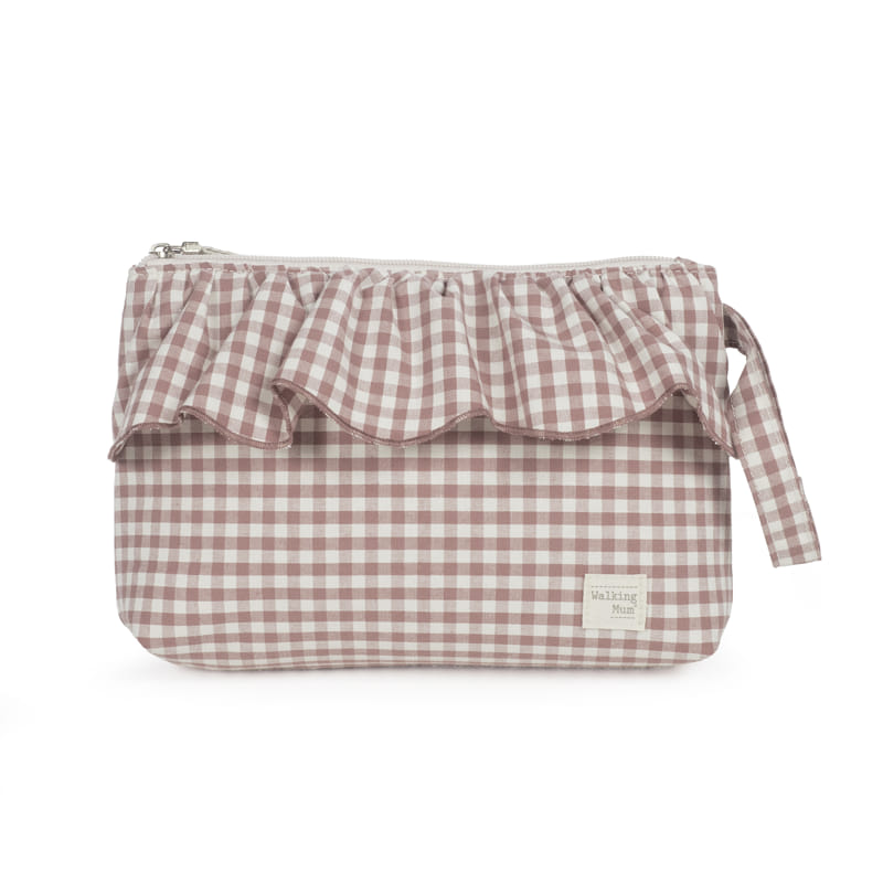 Bolsa de tecido xadrez rosa e branco com fecho e folho