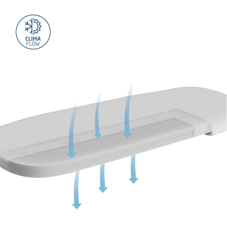 Suporte almofadado branco com textura em malha e setas azuis indicando fluxo de ar CLIMA FLOW