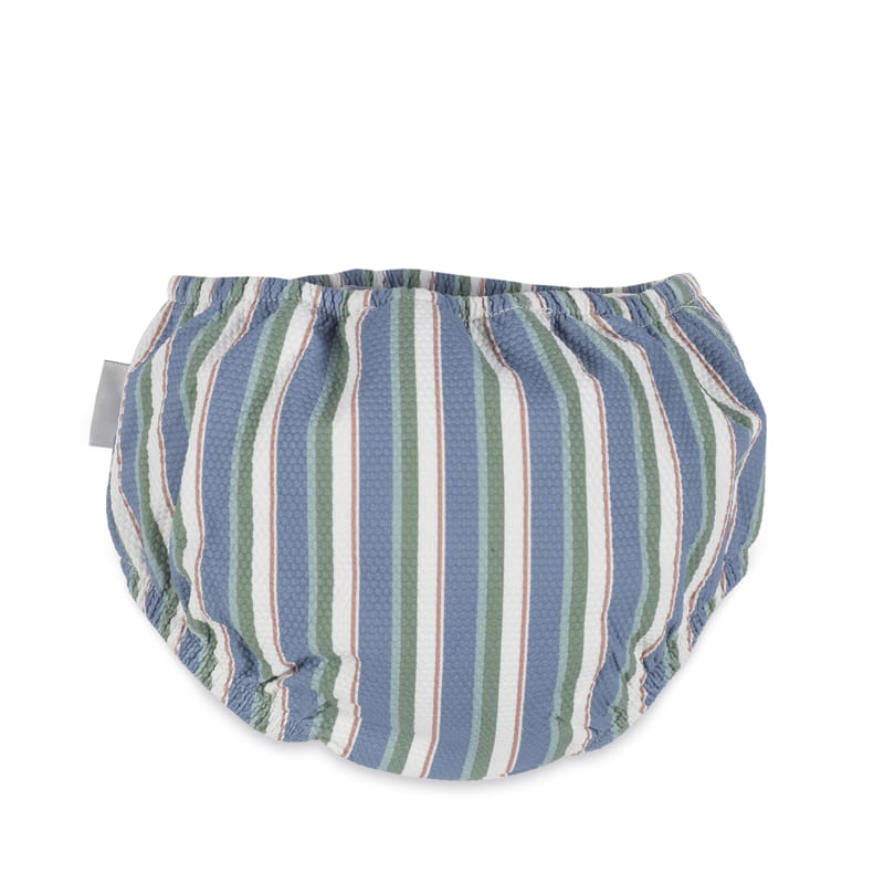 Cueca de bebé às riscas azul, verde e branco com elásticos na cintura e pernas