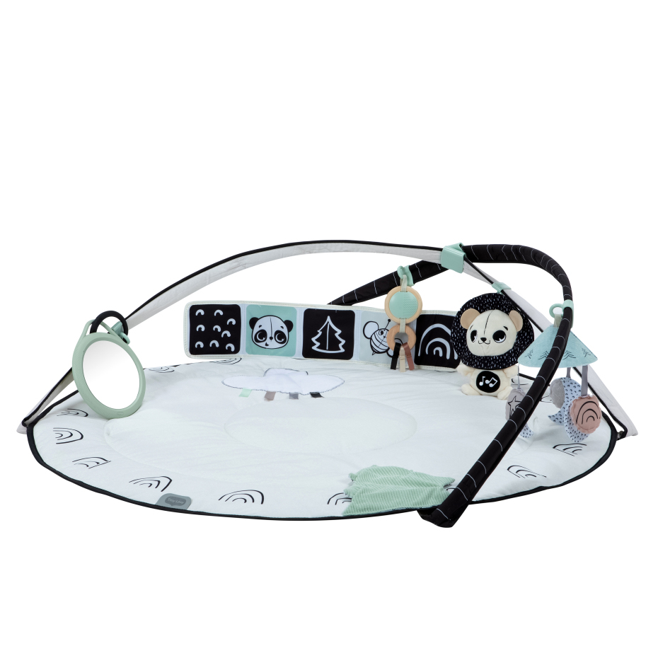 Tapete de atividades para bebé com espelho e brinquedos pendurados em preto, branco e verde