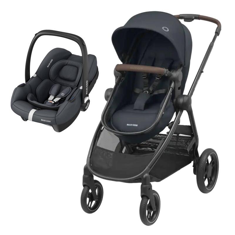 Carrinho de bebé azul escuro e cadeirinha auto preta MAXI-COSI