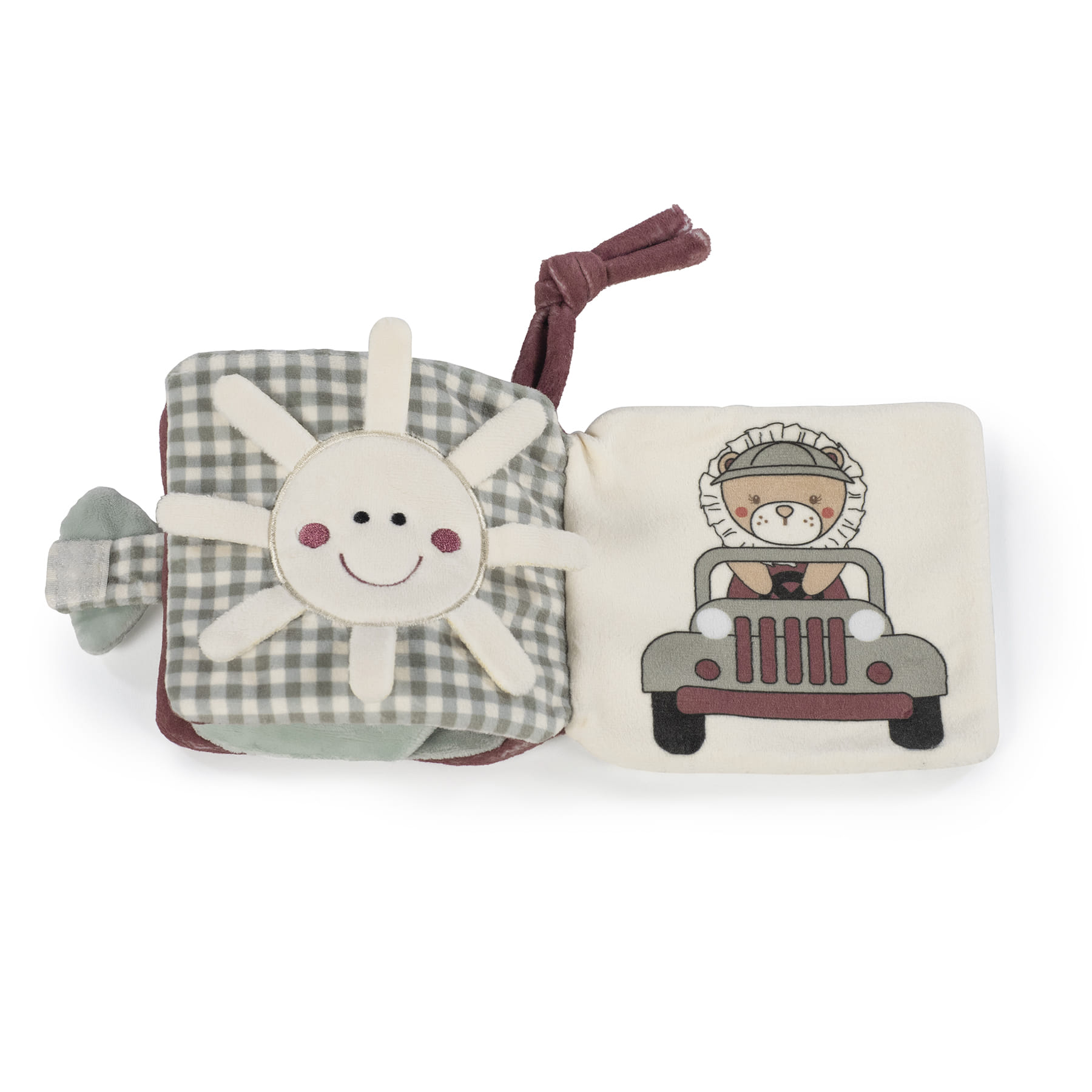 Livro de tecido para bebé com desenhos de sol sorridente e urso a conduzir jipe.