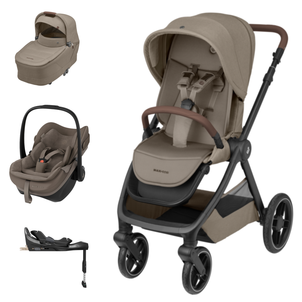 Conjunto Maxi-Cosi com carrinho, ovo de bebé, alcofa e base para carro castanhos