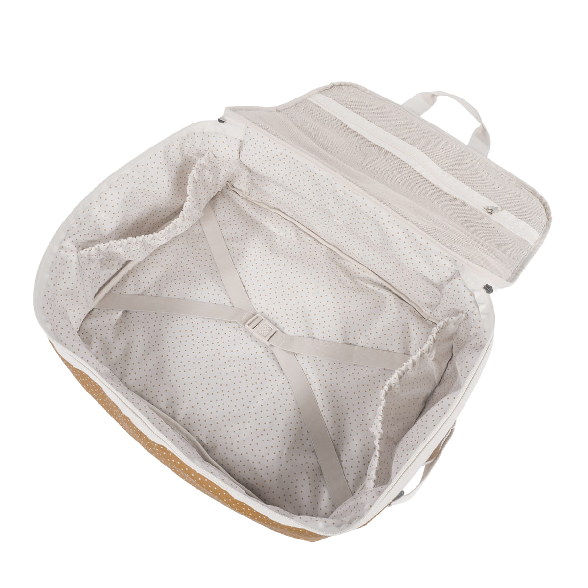Mala de viagem aberta com interior em tecido bege com pontos pretos e cintas elásticas