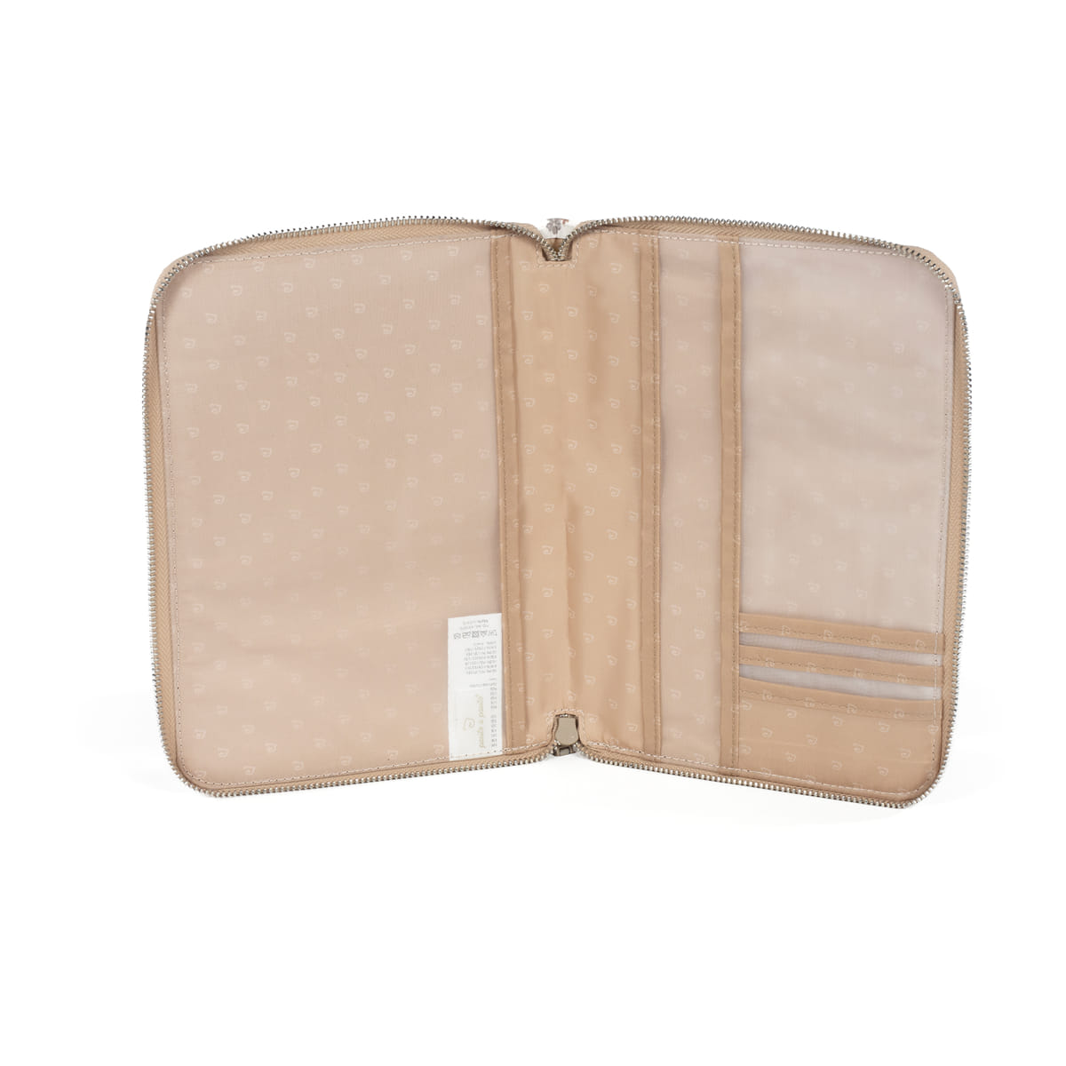 Carteira ou porta-documentos bege claro com fecho e divisórias internas