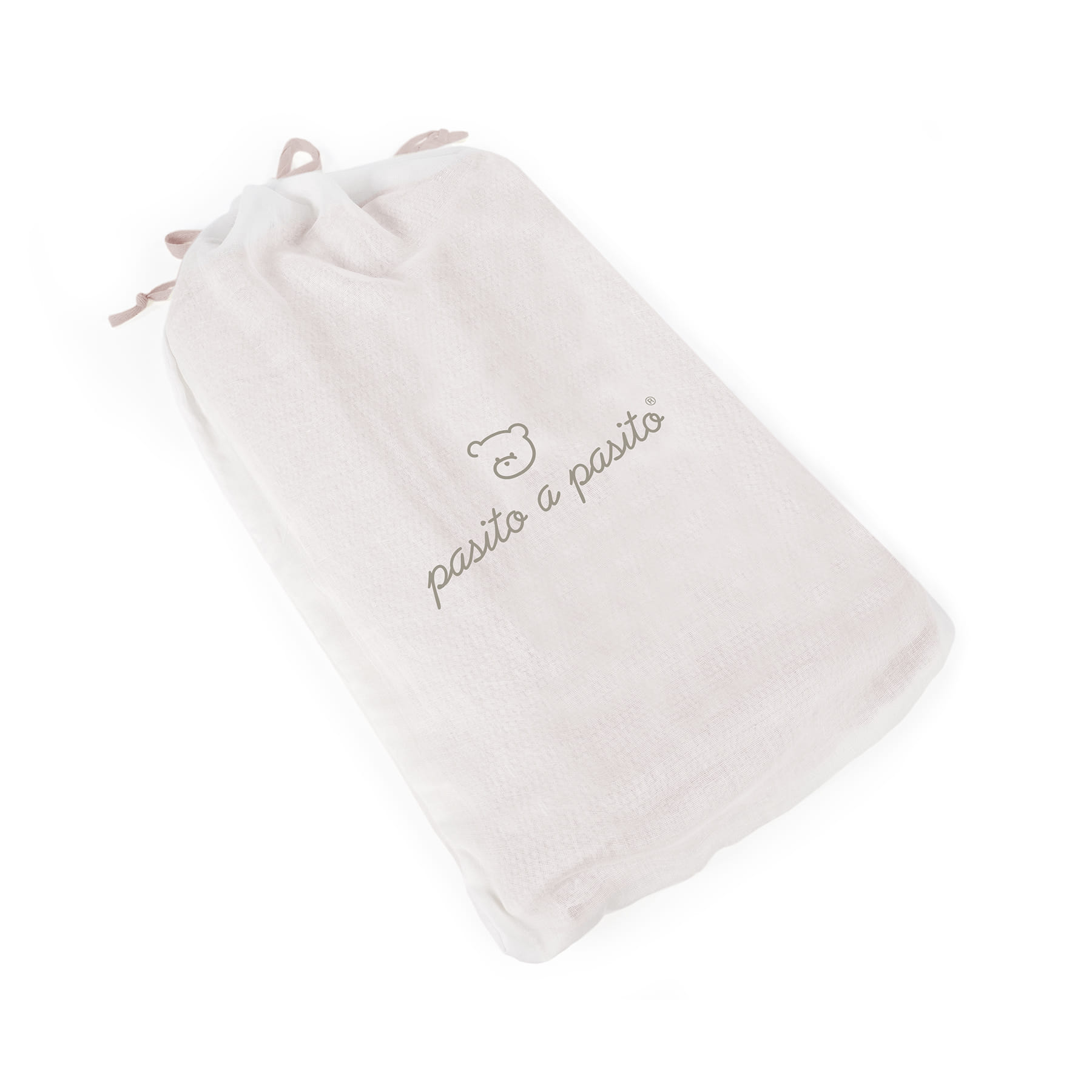 Saco branco de tecido com cordão e texto pasito a pasito