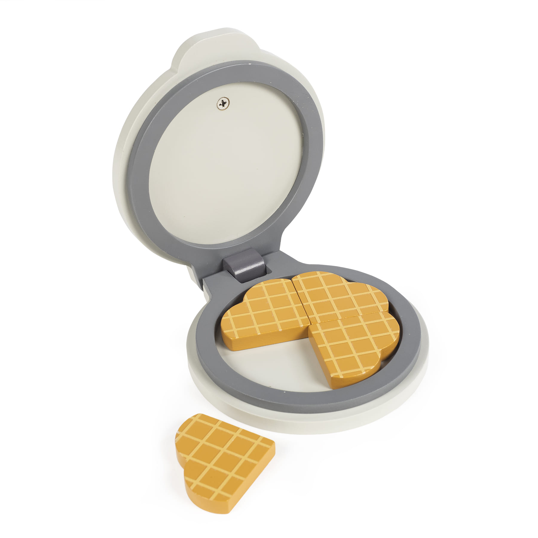 Dispositivo redondo branco e cinza aberto com peças amarelas quadriculadas que imitam waffles